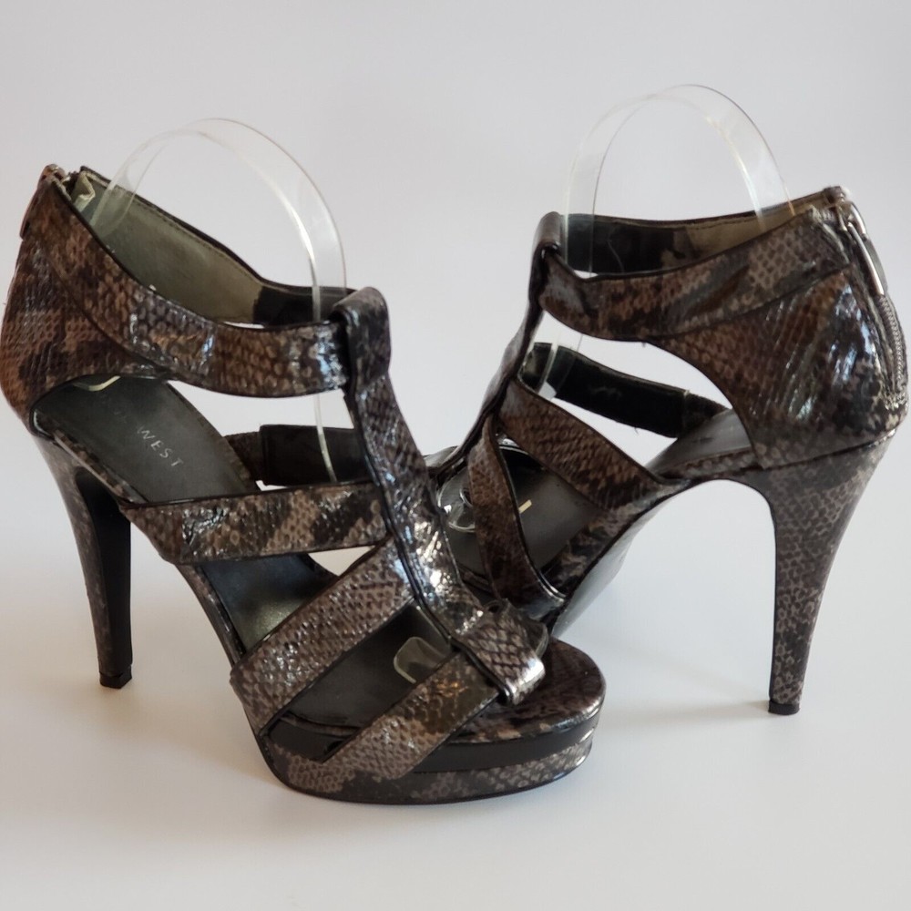 Nine West Faux Snake Skin Platform High Heels Sz 7 Gray Black Zip Closure